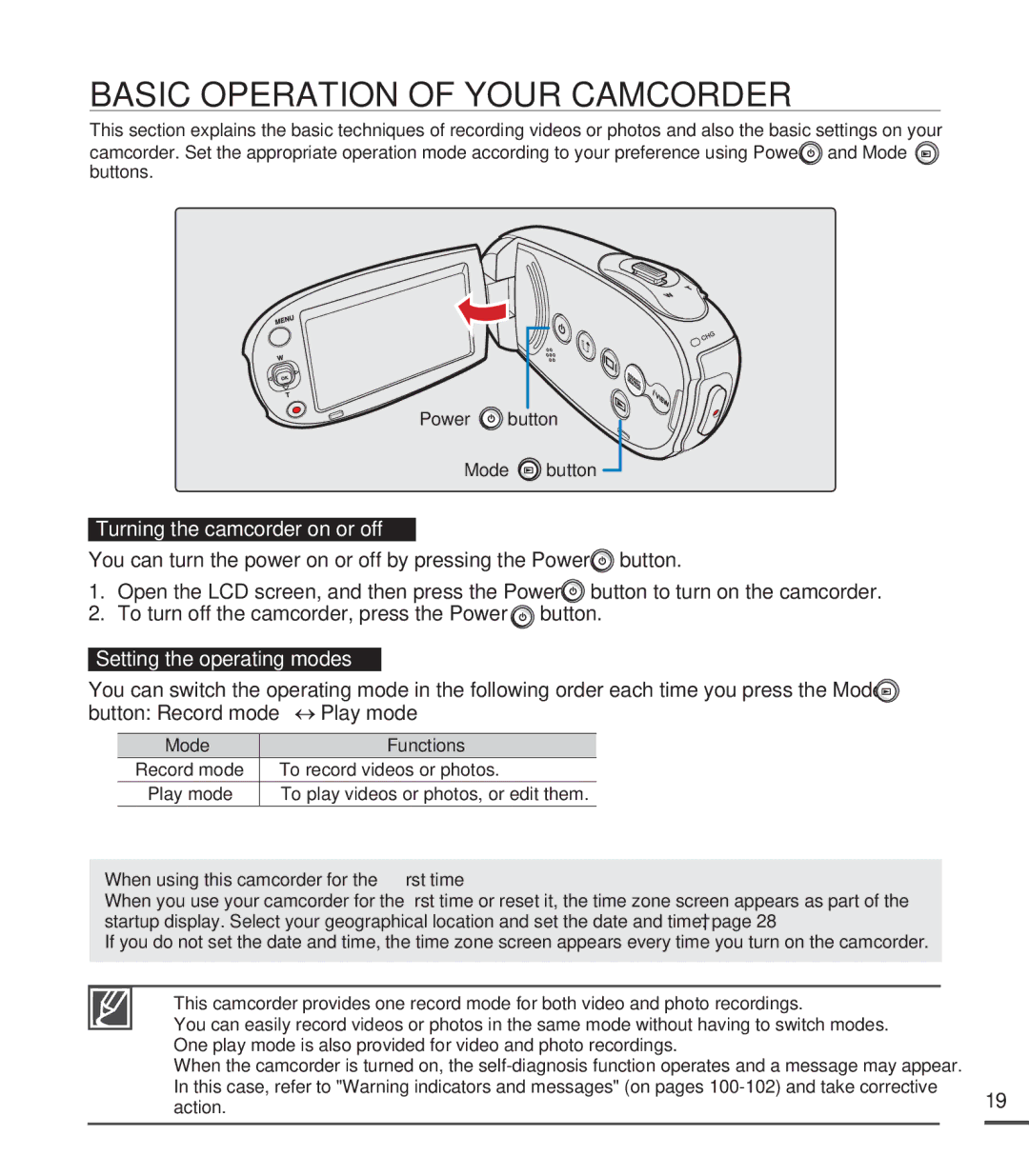 Samsung SMX-C20LN/XAA Basic Operation of Your Camcorder, Mode Functions Record mode To record videos or photos, Action 