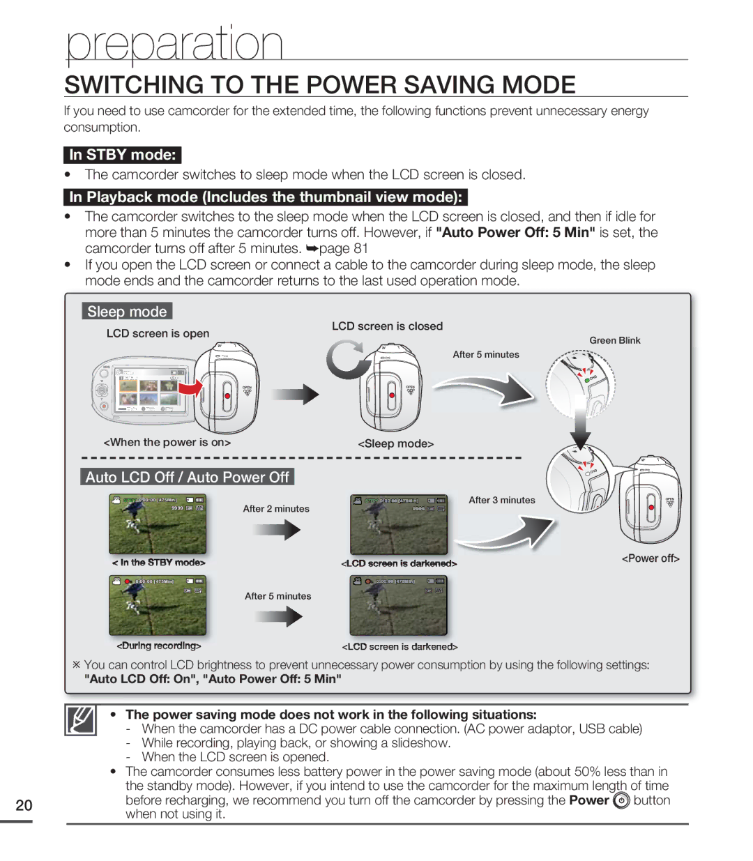 Samsung SMX-C20BN/XAA, SMX-C20LN/XAA Switching to the Power Saving Mode, Playback mode Includes the thumbnail view mode 