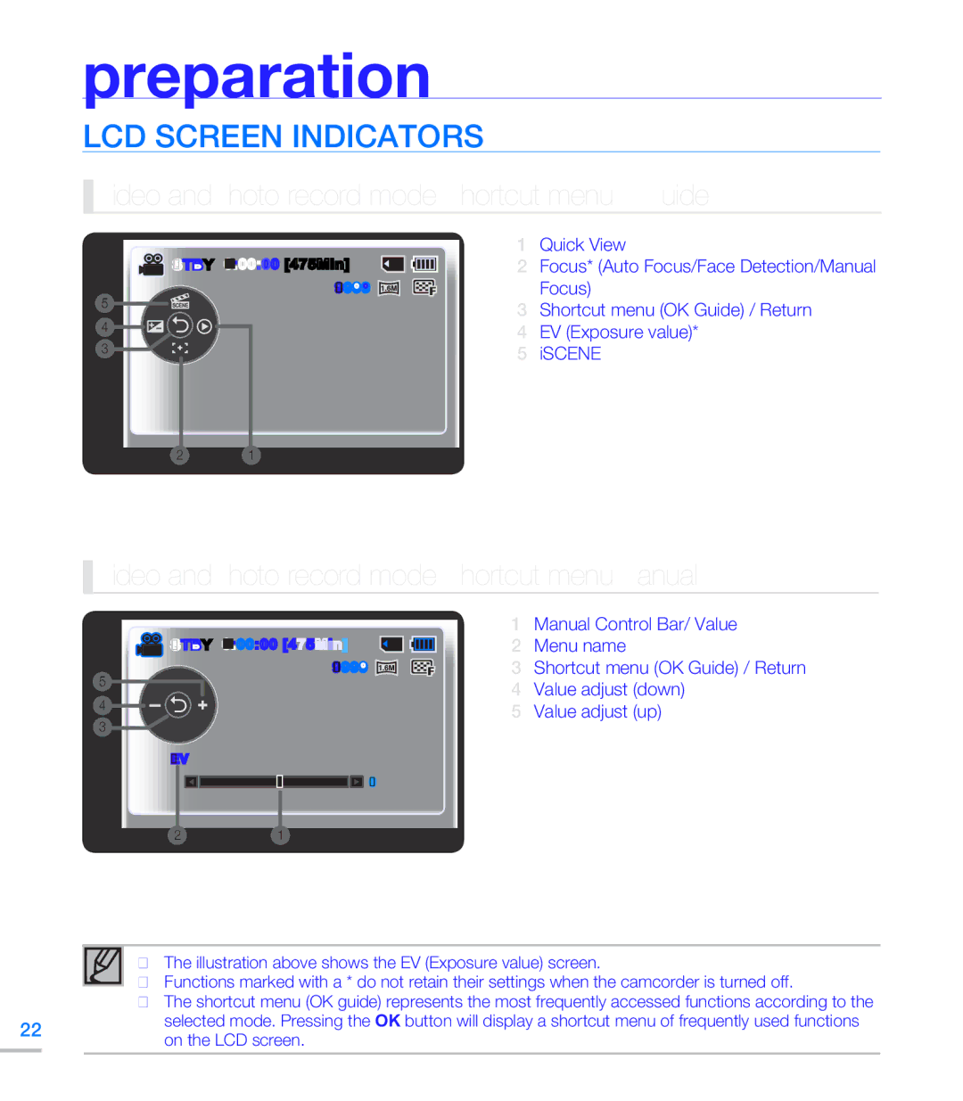 Samsung SMX-C20LN/XAA Video and Photo record mode Shortcut menu OK Guide, Video and Photo record mode Shortcut menu Manual 