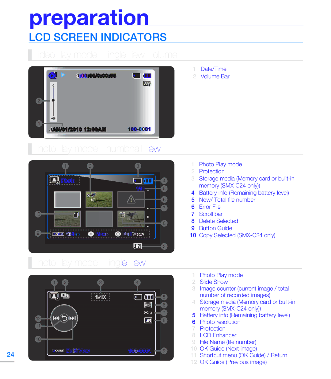 Samsung SMX-C20RN/XAA Video Play mode Single View Volume, Photo Play mode Thumbnail View, Photo Play mode Single View 