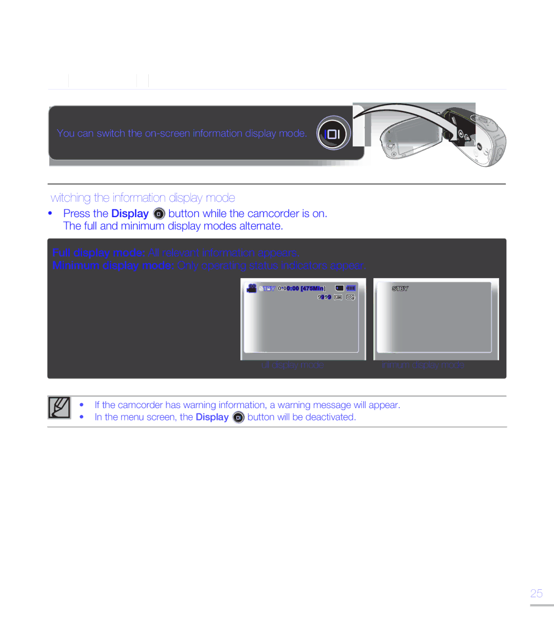 Samsung SMX-C20LN/XAA, SMX-C20BN/XAA manual Turning the Screen Indicators ON/OFF, Switching the information display mode 