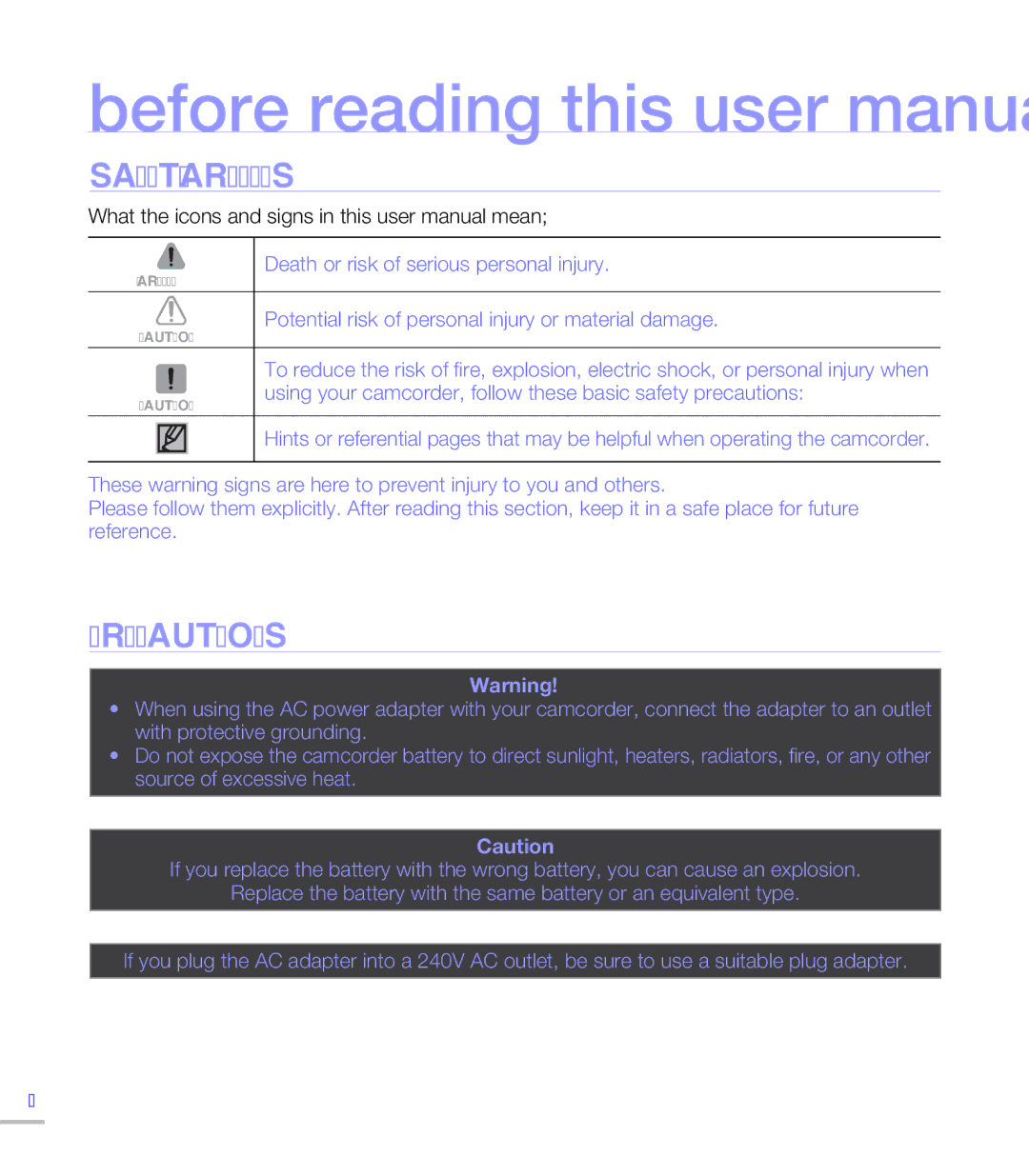 Samsung SMX-C20BN/XAA, SMX-C20LN/XAA, SMX-C20RN/XAA manual Safety Warnings, Precautions 