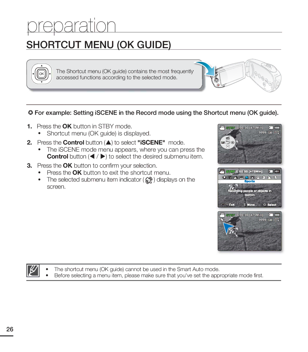 Samsung SMX-C20BN/XAA, SMX-C20LN/XAA manual Shortcut Menu OK Guide, Accessed functions according to the selected mode 