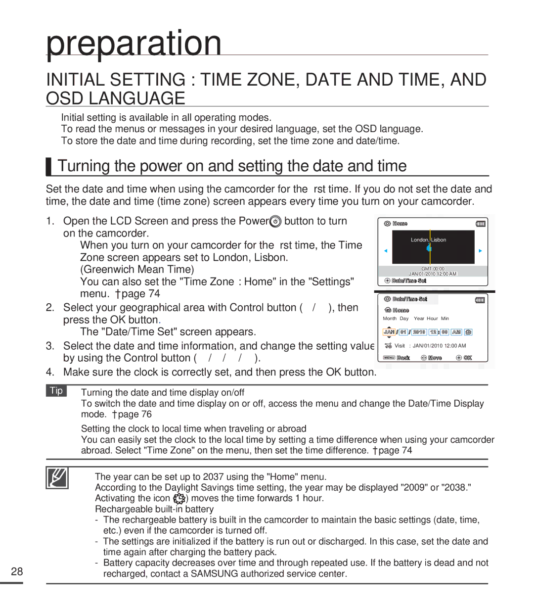 Samsung SMX-C20LN/XAA, SMX-C20BN/XAA, SMX-C20RN/XAA manual Initial Setting Time ZONE, Date and TIME, and OSD Language 