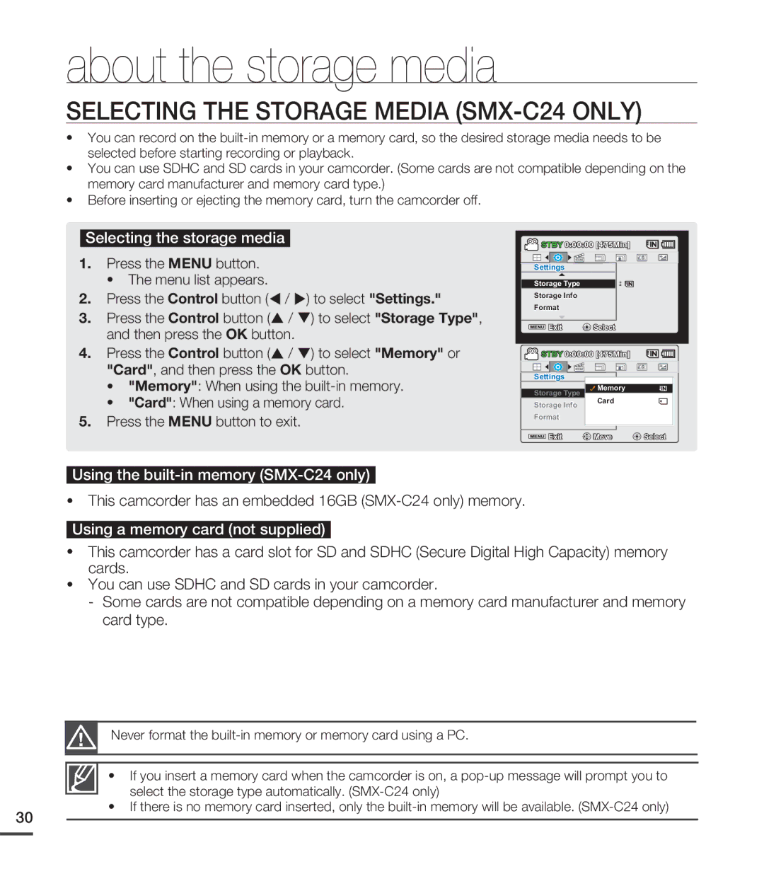 Samsung SMX-C20RN/XAA, SMX-C20LN/XAA, SMX-C20BN/XAA manual About the storage media, Selecting the Storage Media SMX-C24 only 