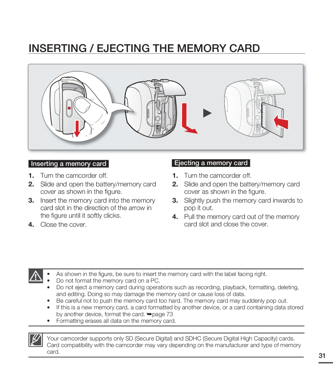 Samsung SMX-C20LN/XAA, SMX-C20BN/XAA Inserting / Ejecting the Memory Card, Inserting a memory card Ejecting a memory card 