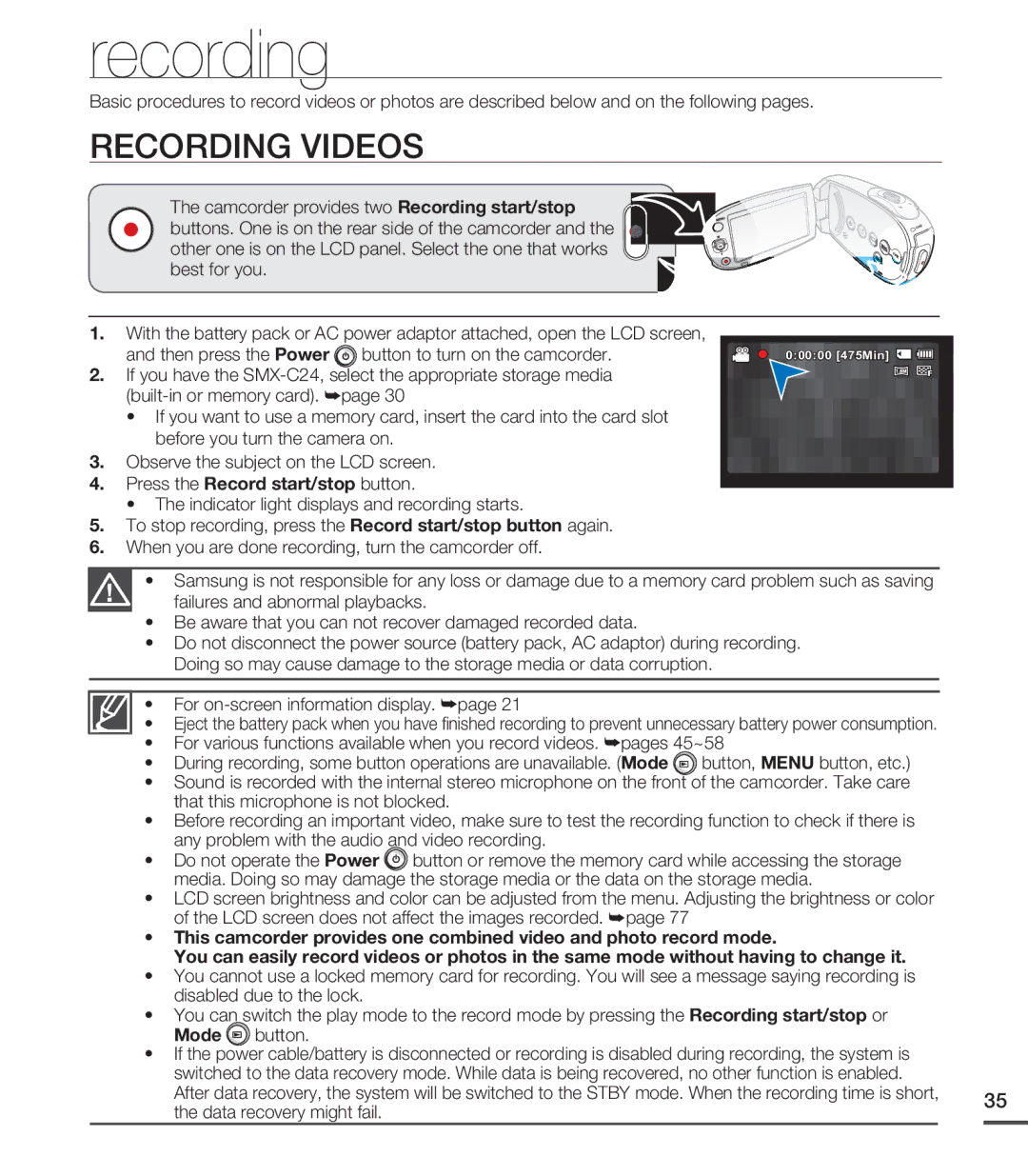 Samsung SMX-C20BN/XAA Recording Videos, Press the Record start/stop button, For on-screen information display. ²page 