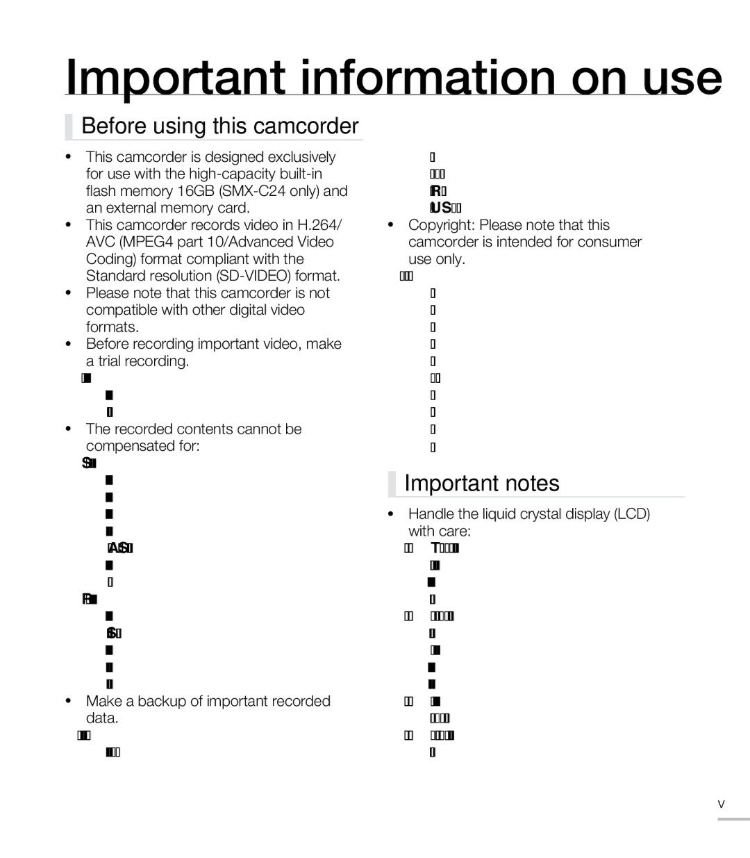 Samsung SMX-C20RN/XAA, SMX-C20LN/XAA manual Important information on use, Before using this camcorder, Important notes 