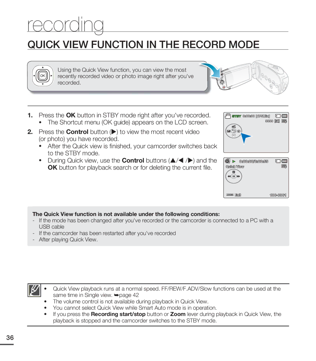 Samsung SMX-C20RN/XAA, SMX-C20LN/XAA, SMX-C20BN/XAA manual Quick View Function in the Record Mode 