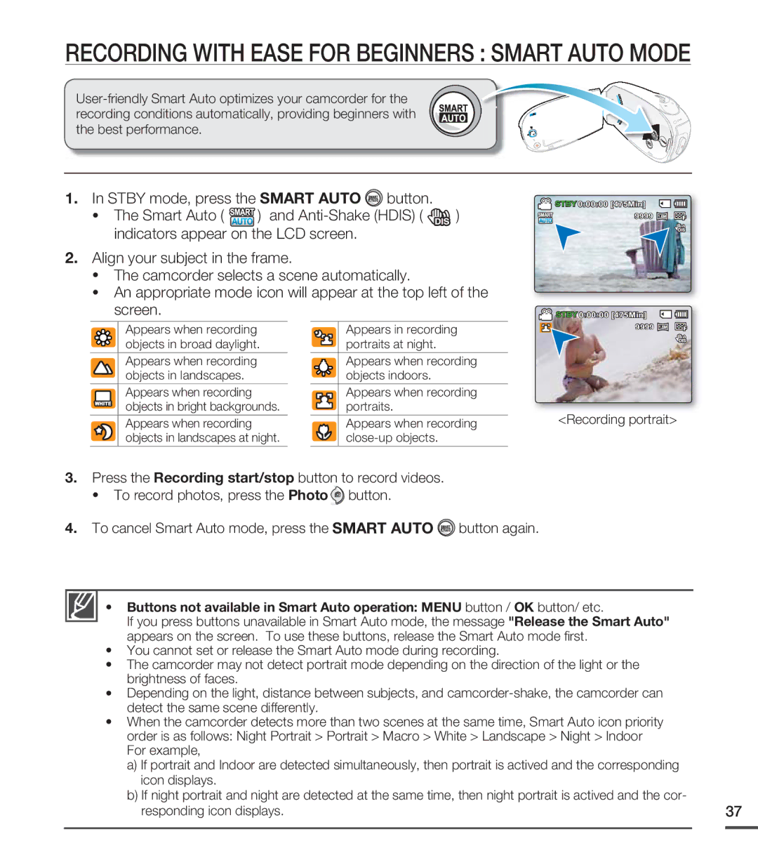 Samsung SMX-C20LN/XAA, SMX-C20BN/XAA, SMX-C20RN/XAA manual Appears when recording portraits, Recording portrait 