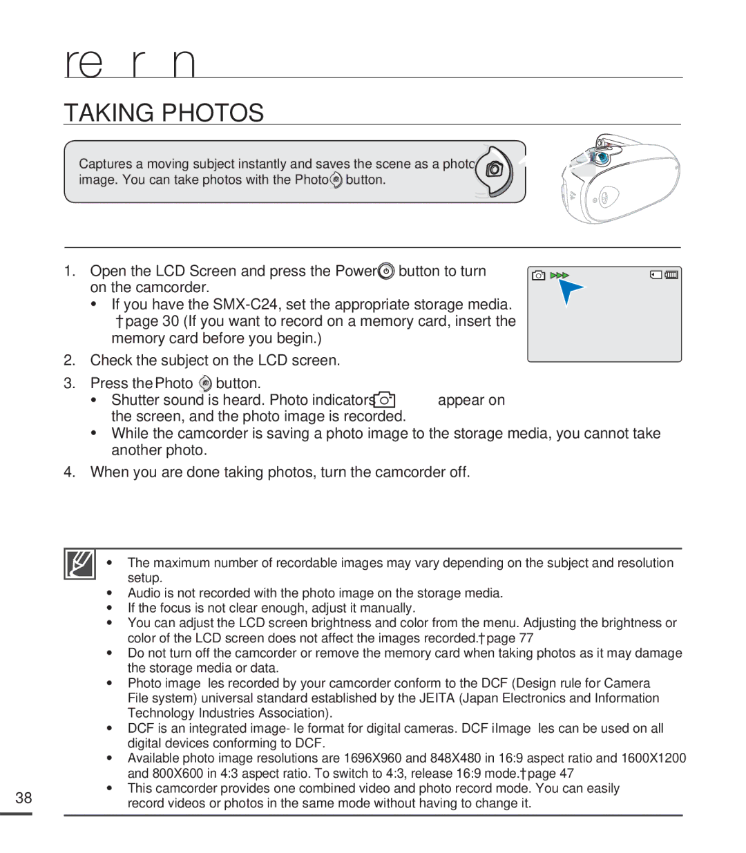 Samsung SMX-C20BN/XAA, SMX-C20LN/XAA, SMX-C20RN/XAA manual Taking Photos 