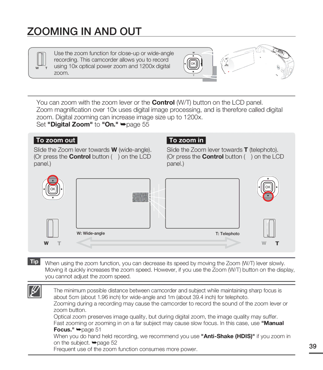 Samsung SMX-C20RN/XAA, SMX-C20LN/XAA, SMX-C20BN/XAA manual Zooming in and OUT, Set Digital Zoom to On. ²page, Focus. ²page 