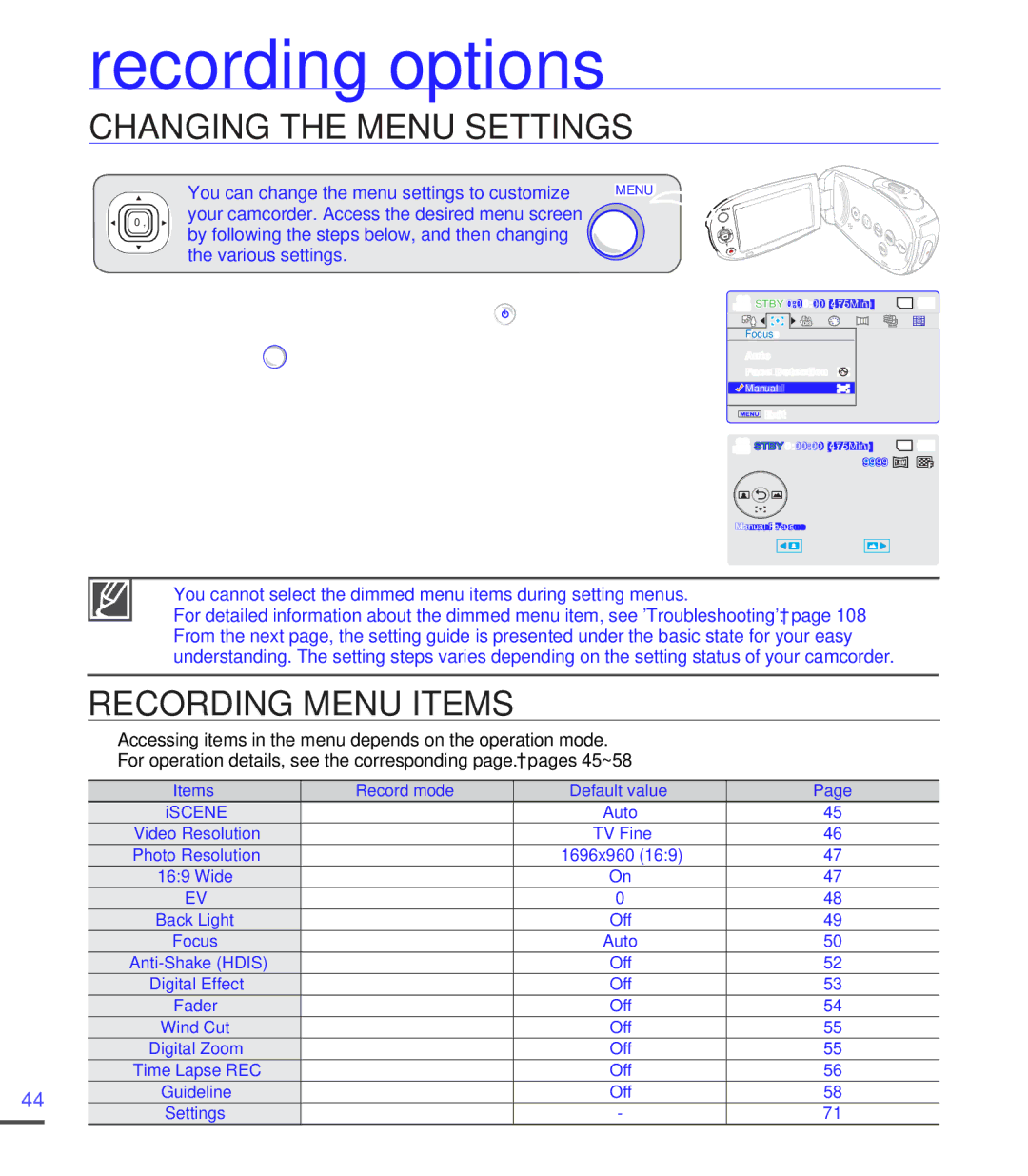 Samsung SMX-C20BN/XAA, SMX-C20LN/XAA, SMX-C20RN/XAA Recording options, Changing the Menu Settings, Recording Menu Items 