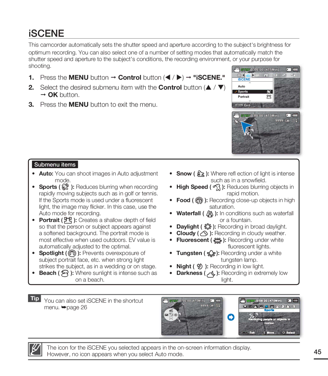 Samsung SMX-C20RN/XAA, SMX-C20LN/XAA, SMX-C20BN/XAA manual Iscene, Auto You can shoot images in Auto adjustment mode 