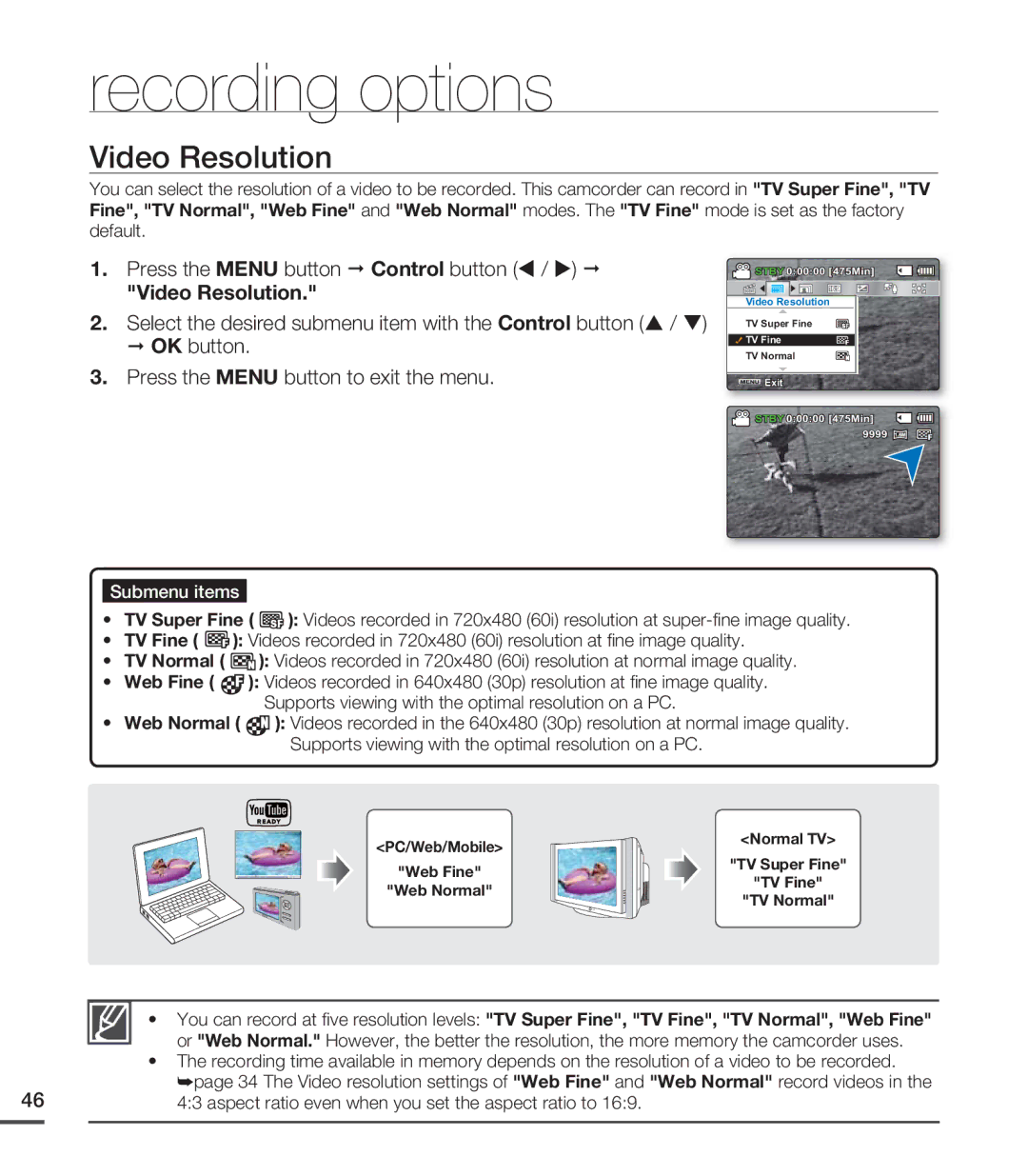 Samsung SMX-C20LN/XAA, SMX-C20BN/XAA, SMX-C20RN/XAA manual Video Resolution, Press the Menu button Control button 