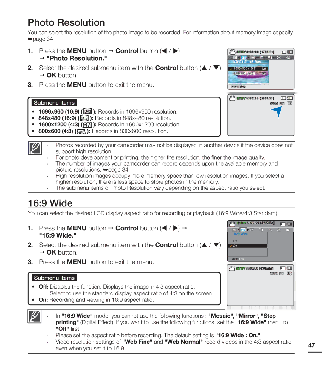 Samsung SMX-C20BN/XAA, SMX-C20LN/XAA, SMX-C20RN/XAA manual Photo Resolution, Wide 