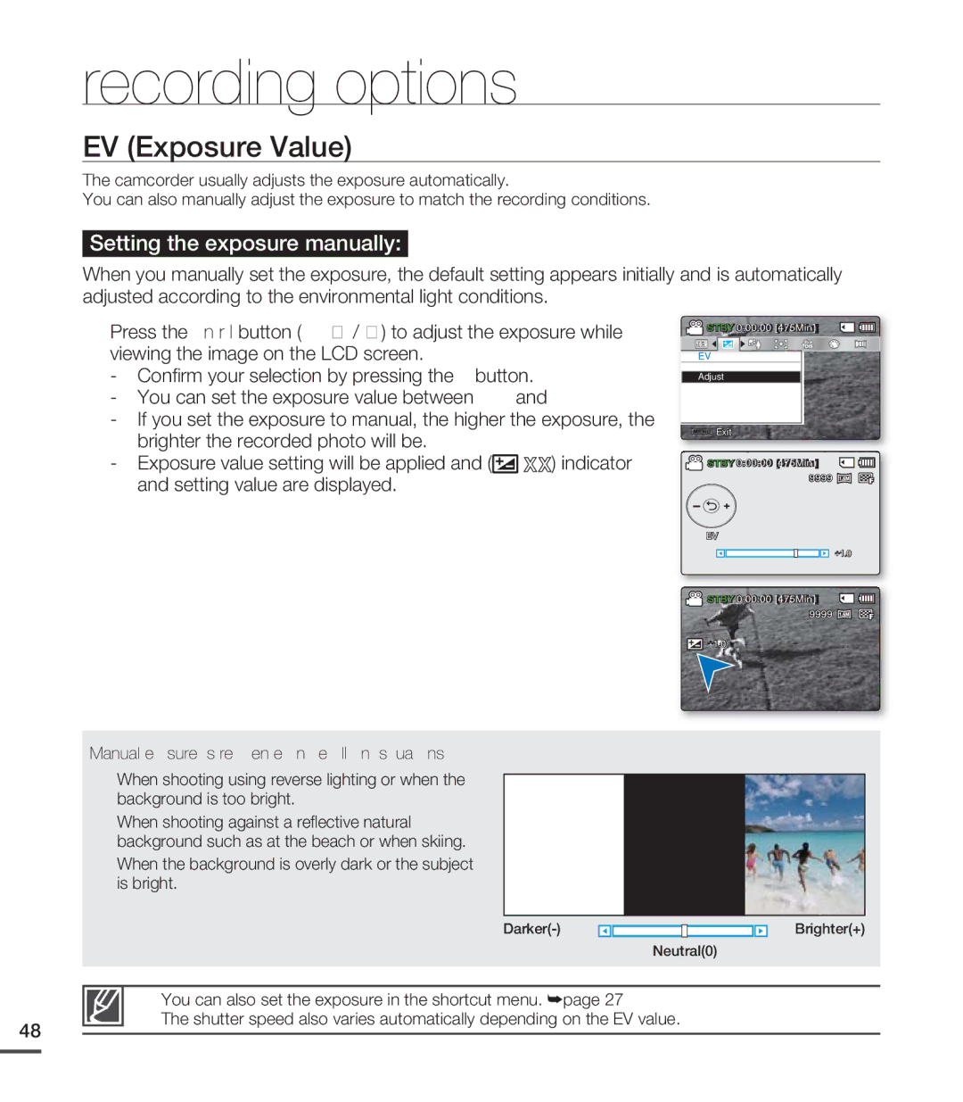 Samsung SMX-C20RN/XAA, SMX-C20LN/XAA manual EV Exposure Value, Manual exposure is recommended in the following situations 