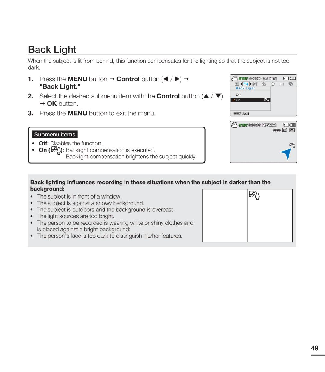 Samsung SMX-C20LN/XAA, SMX-C20BN/XAA, SMX-C20RN/XAA manual Back Light 