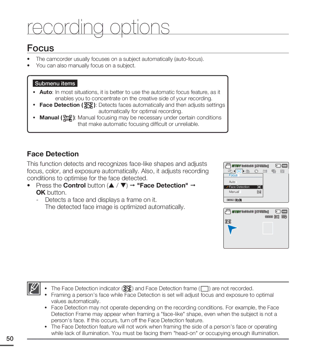 Samsung SMX-C20BN/XAA, SMX-C20LN/XAA, SMX-C20RN/XAA manual Focus, Face Detection indicator 