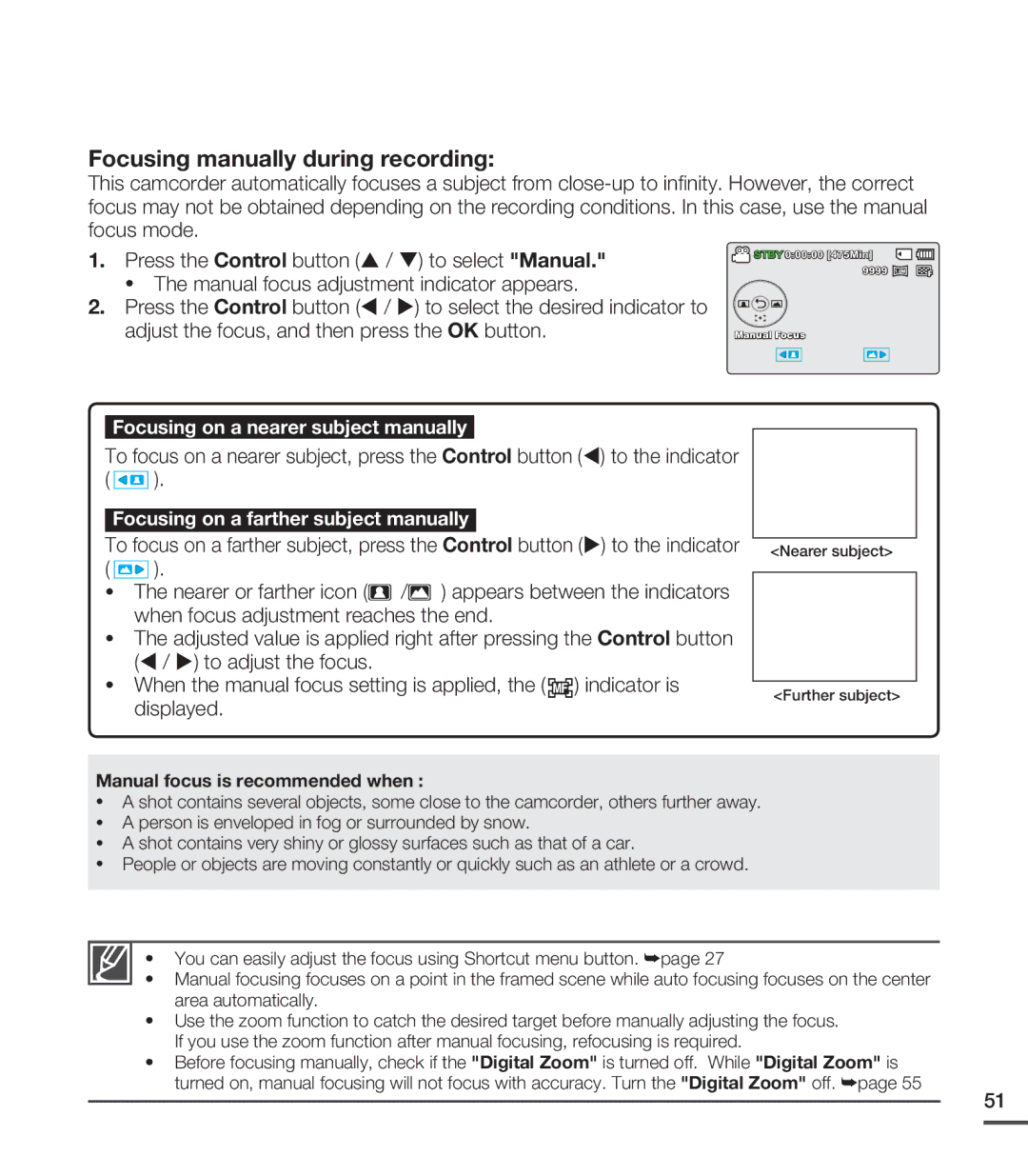 Samsung SMX-C20RN/XAA, SMX-C20LN/XAA, SMX-C20BN/XAA Focusing manually during recording, Manual focus is recommended when 