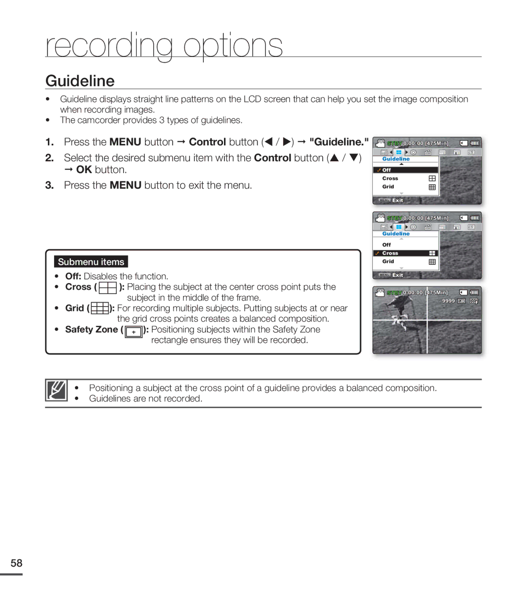 Samsung SMX-C20LN/XAA, SMX-C20BN/XAA, SMX-C20RN/XAA manual Guideline, Cross, Grid, Safety Zone 