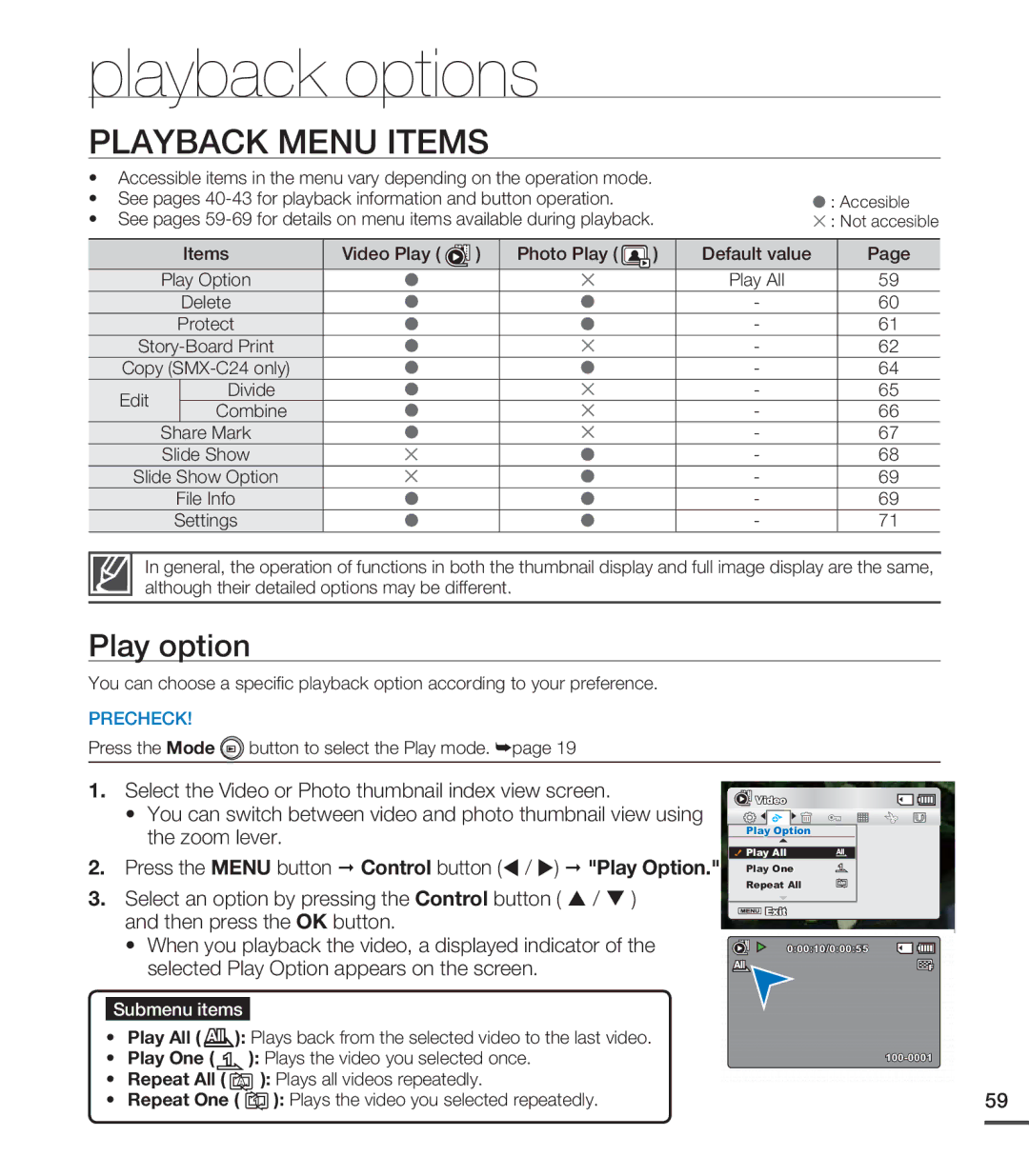 Samsung SMX-C20BN/XAA, SMX-C20LN/XAA, SMX-C20RN/XAA manual Playback options, Playback Menu Items, Play option 