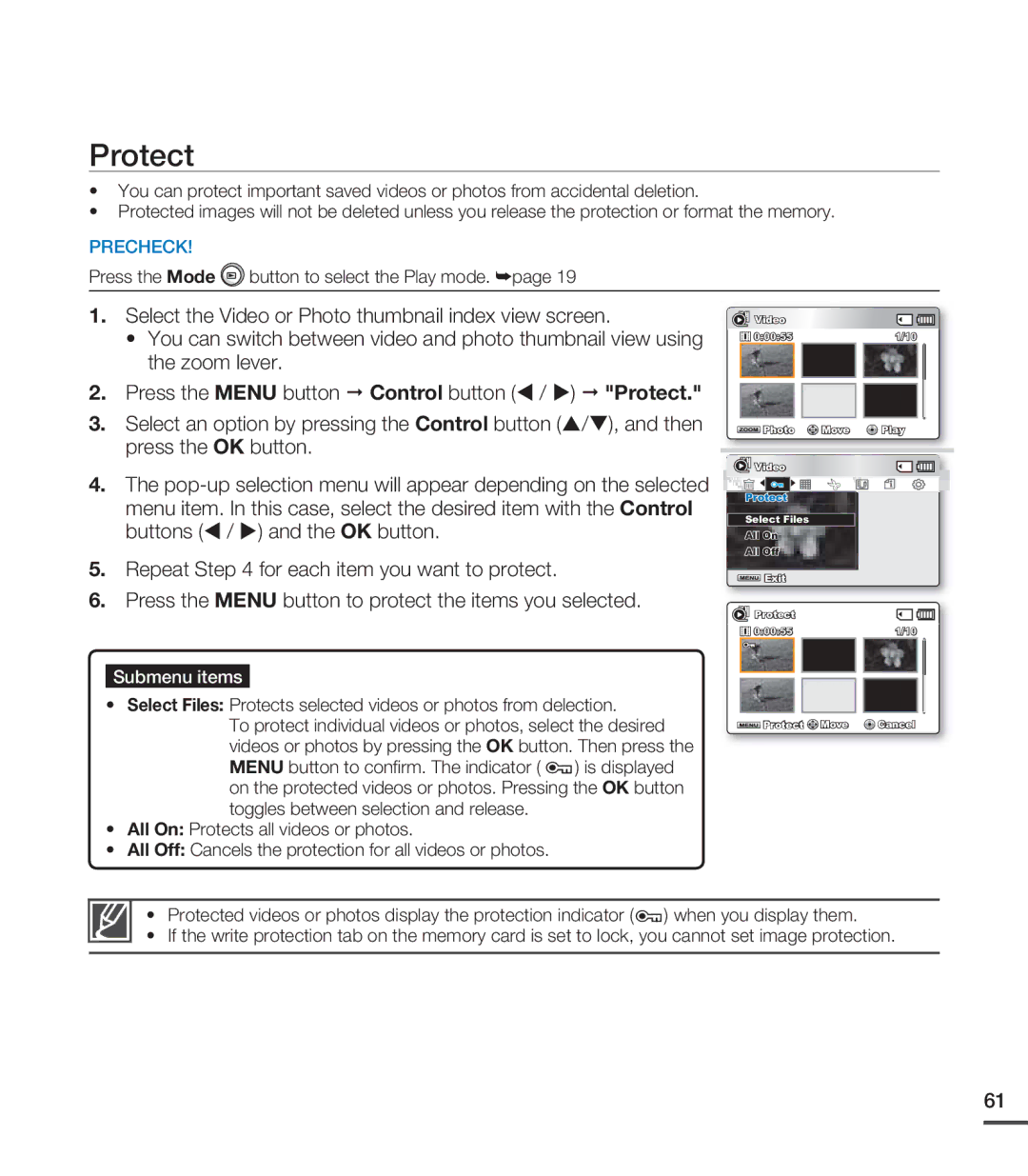 Samsung SMX-C20LN/XAA, SMX-C20BN/XAA, SMX-C20RN/XAA Protect, Pop-up selection menu will appear depending on the selected 