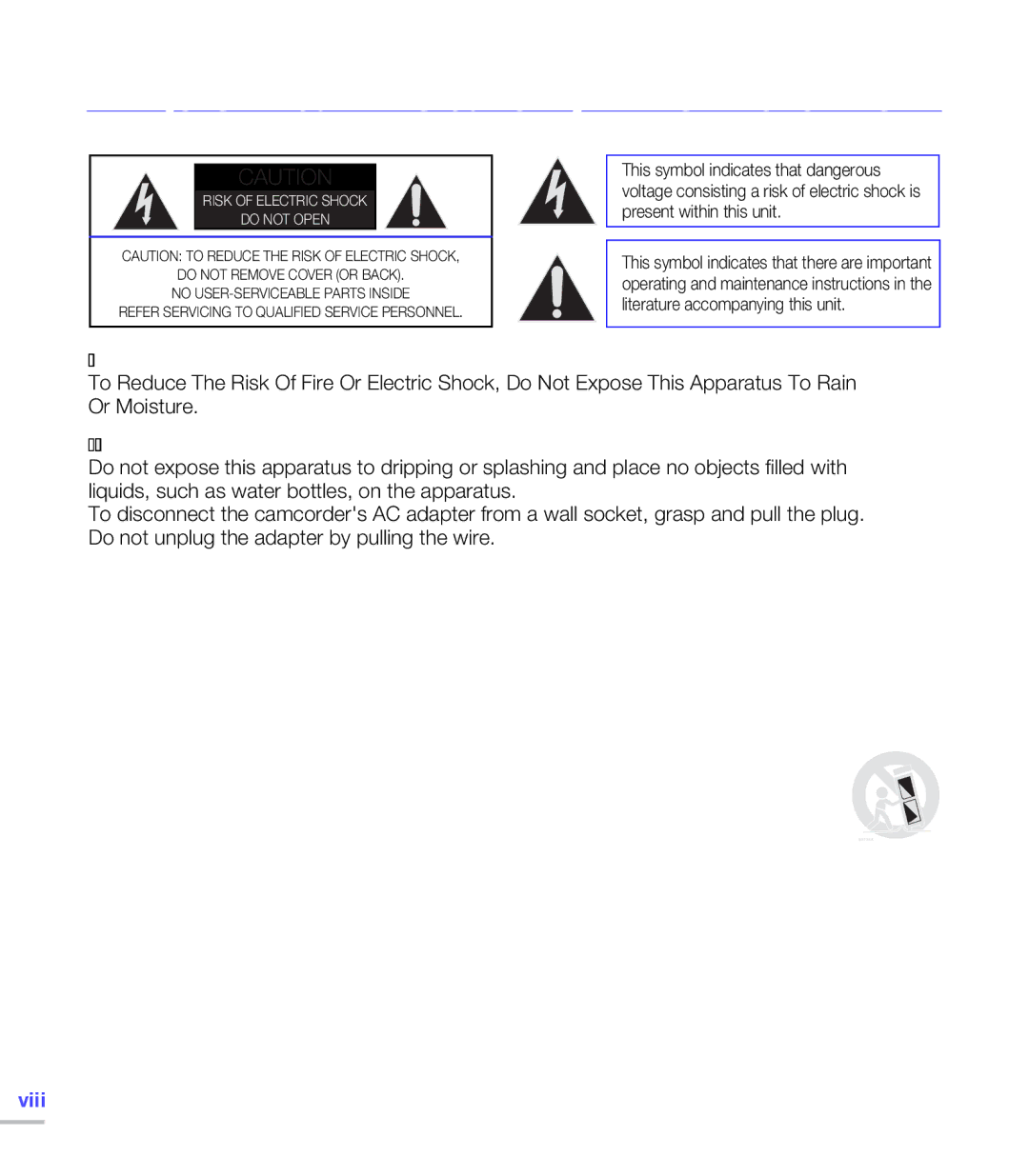 Samsung SMX-C20RN/XAA, SMX-C20LN/XAA, SMX-C20BN/XAA manual Important safety instructions, Viii 