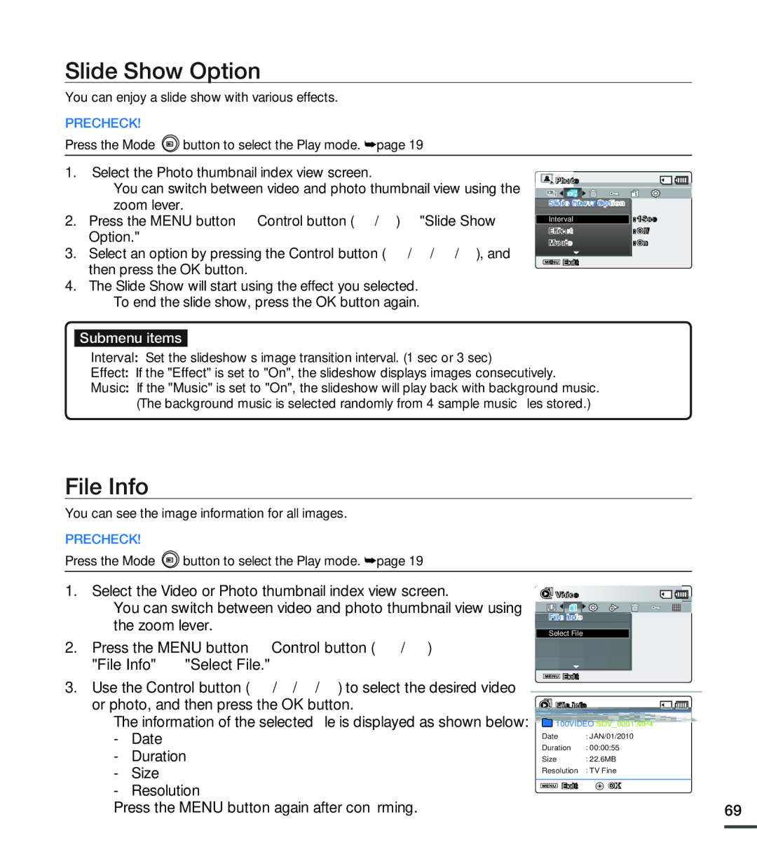 Samsung SMX-C20RN/XAA, SMX-C20LN/XAA manual Slide Show Option, File Info, You can enjoy a slide show with various effects 