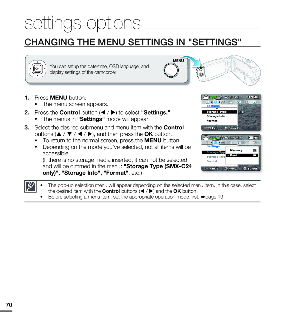 Samsung SMX-C20LN/XAA, SMX-C20BN/XAA, SMX-C20RN/XAA manual Settings options, Changing the Menu Settings in Settings 