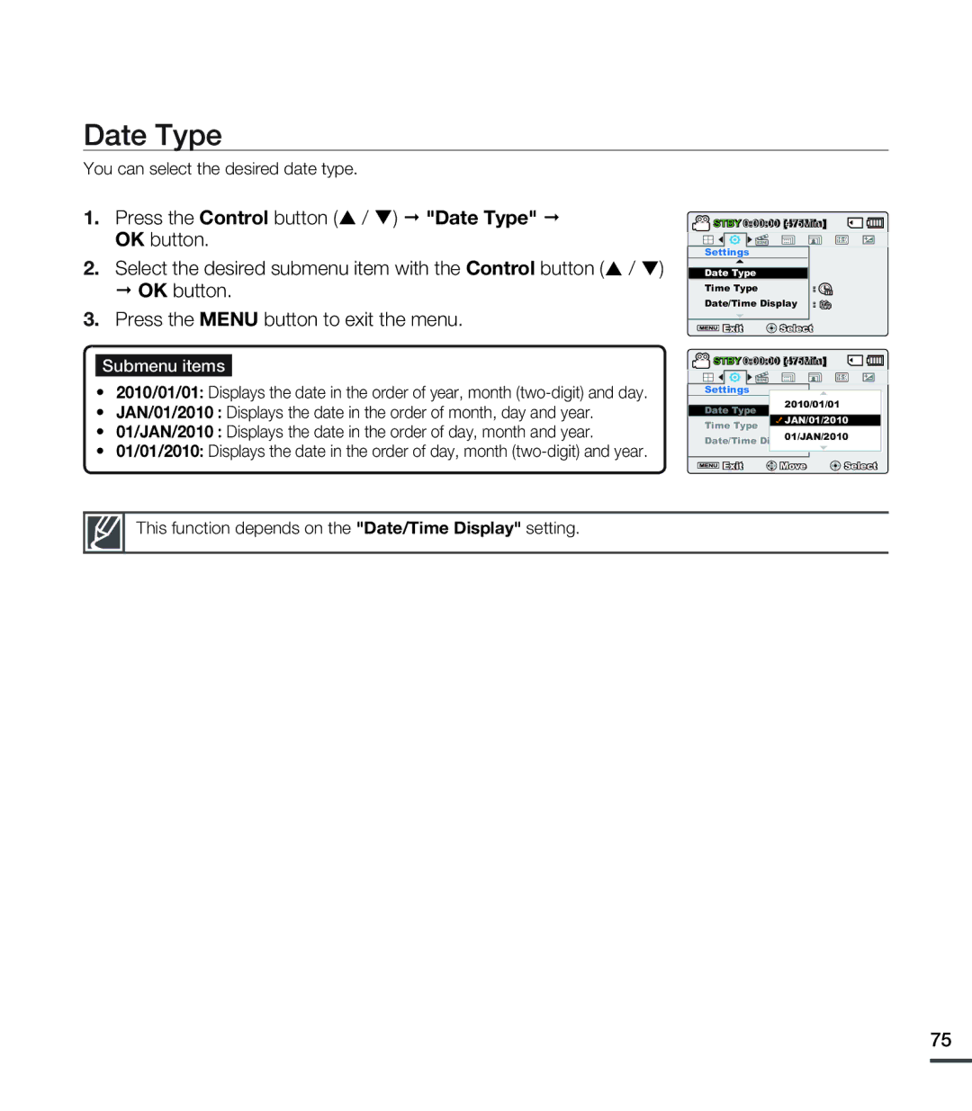 Samsung SMX-C20RN/XAA, SMX-C20LN/XAA, SMX-C20BN/XAA manual Date Type, You can select the desired date type 