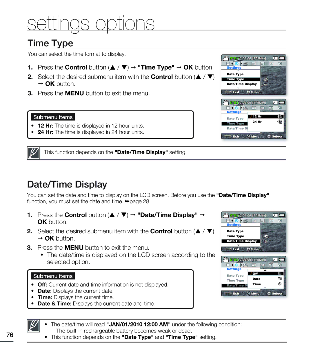 Samsung SMX-C20LN/XAA, SMX-C20BN/XAA, SMX-C20RN/XAA Time Type, Press the Control button / Date/Time Display OK button 