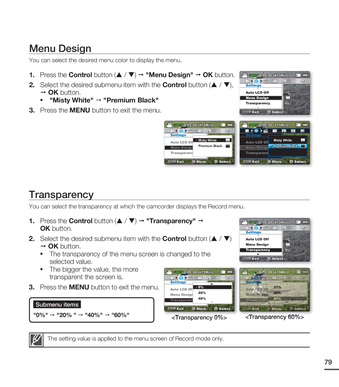 Samsung SMX-C20LN/XAA, SMX-C20BN/XAA, SMX-C20RN/XAA manual Menu Design, Transparency, Misty White Premium Black, 20% 40% 60% 