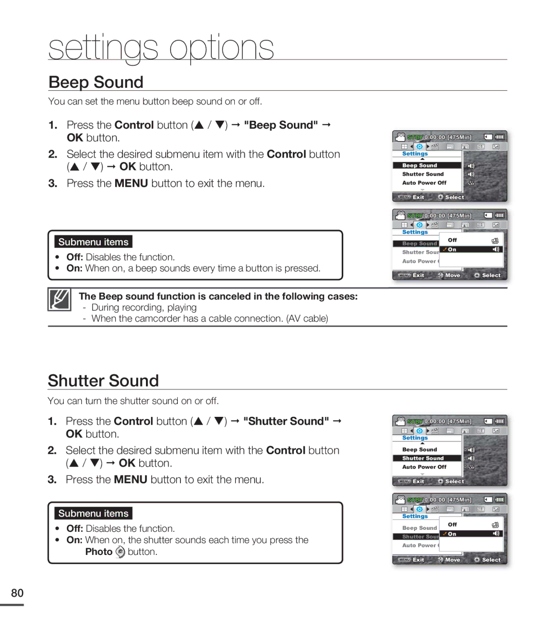 Samsung SMX-C20BN/XAA, SMX-C20LN/XAA manual Beep Sound, Shutter Sound, You can set the menu button beep sound on or off 