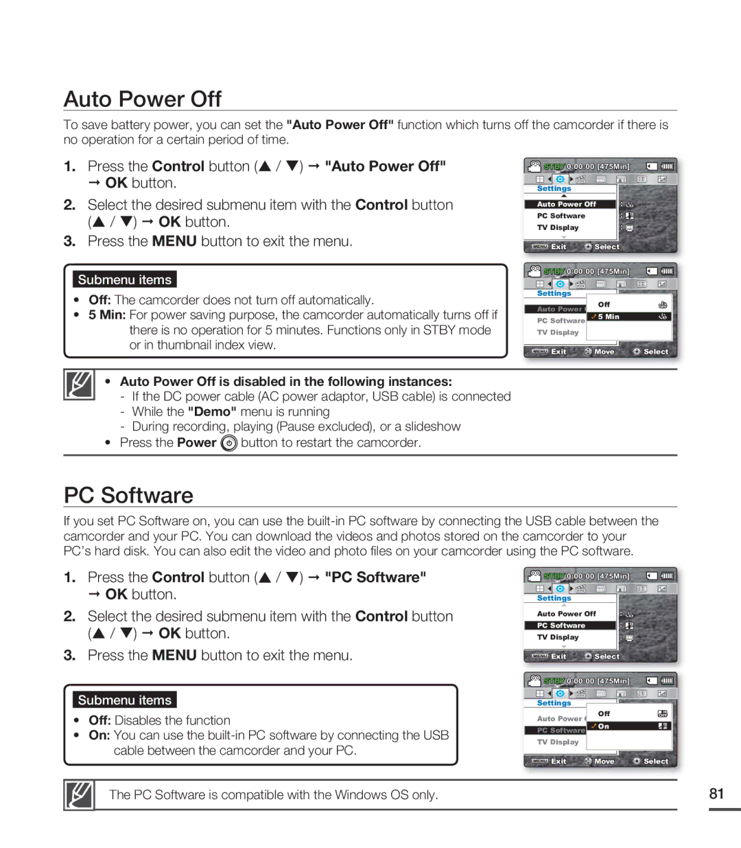 Samsung SMX-C20RN/XAA, SMX-C20LN/XAA, SMX-C20BN/XAA manual PC Software, Press the Control button / Auto Power Off 