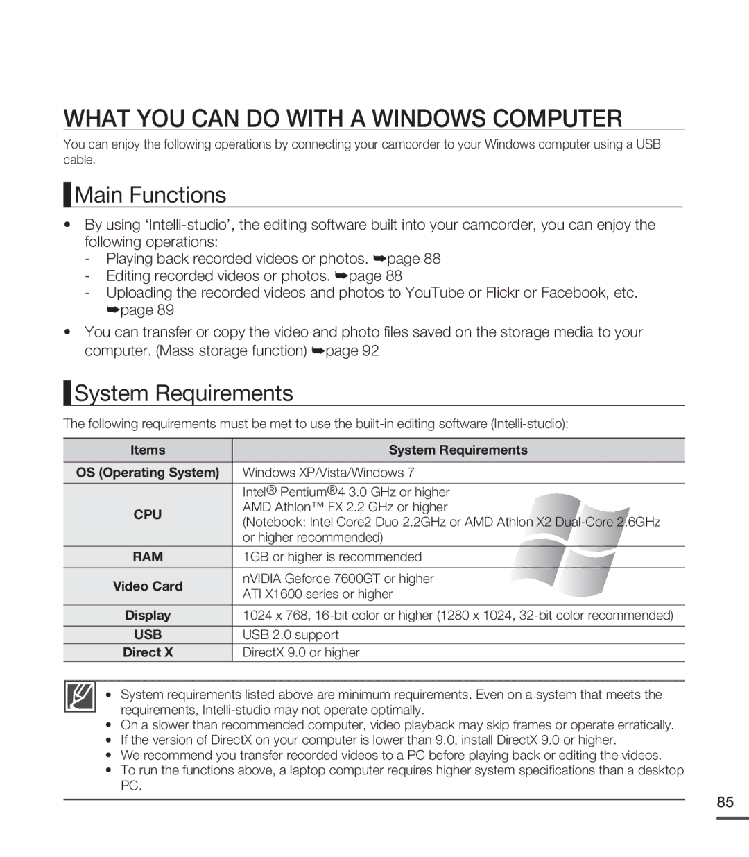 Samsung SMX-C20LN/XAA, SMX-C20BN/XAA manual What YOU can do with a Windows Computer, Main Functions, System Requirements 