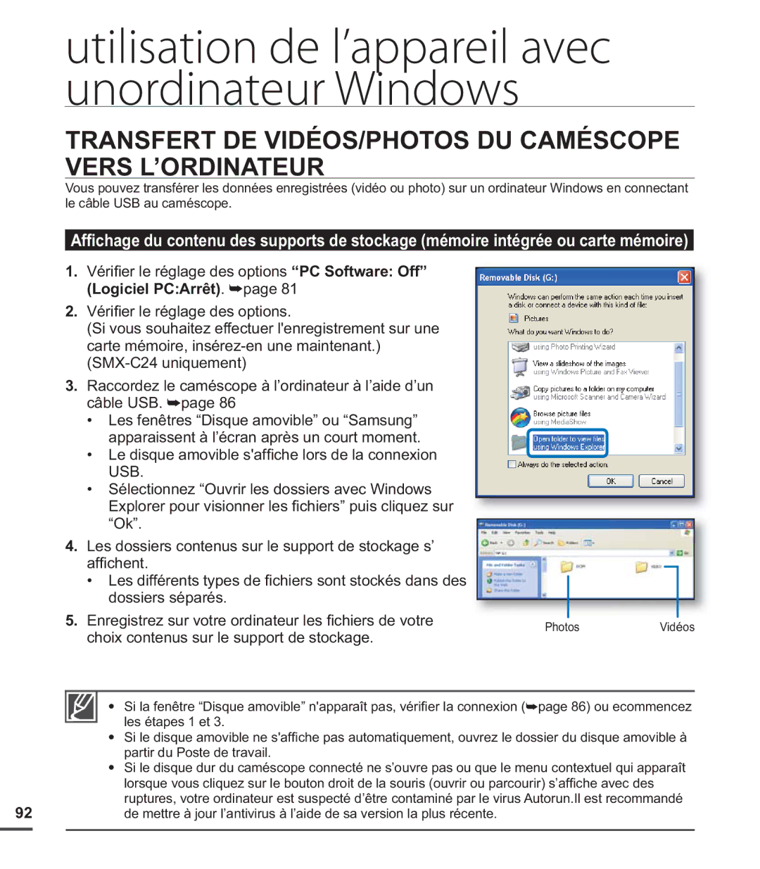 Samsung SMX-C20LP/XEU, SMX-C24BP/EDC, SMX-C200LP/EDC manual Transfert DE VIDÉOS/PHOTOS DU Caméscope Vers L’ORDINATEUR 