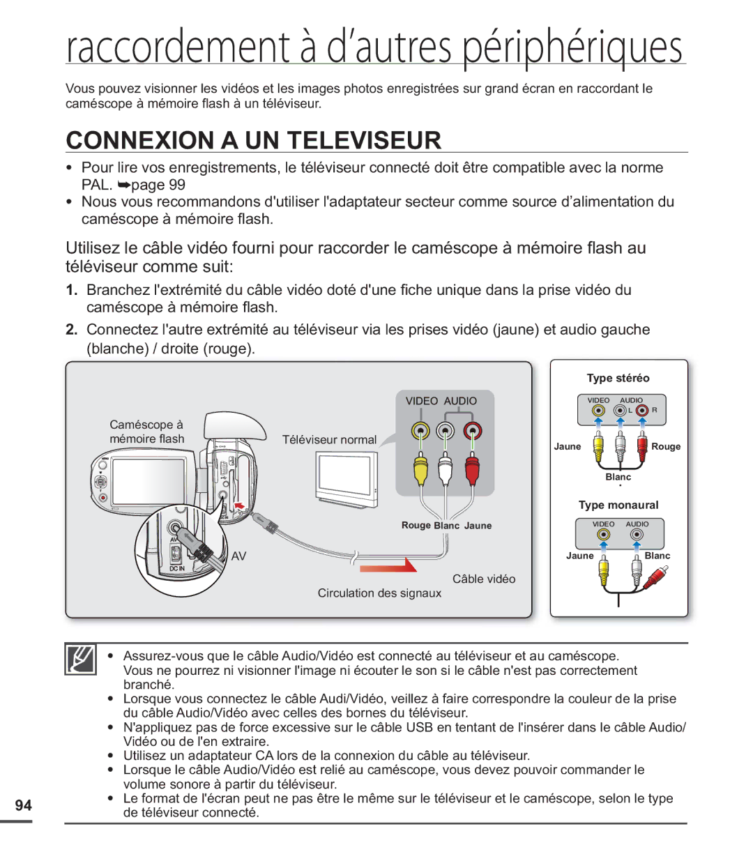 Samsung SMX-C200RP/EDC, SMX-C24BP/EDC, SMX-C200LP/EDC manual Raccordement à d’autres périphériques, Connexion a UN Televiseur 