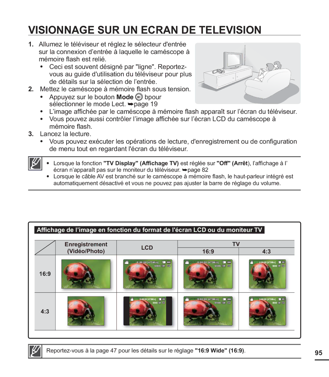 Samsung SMX-C200BP/EDC, SMX-C24BP/EDC, SMX-C200LP/EDC, SMX-C20RP/EDC manual Visionnage SUR UN Ecran DE Television, 169 