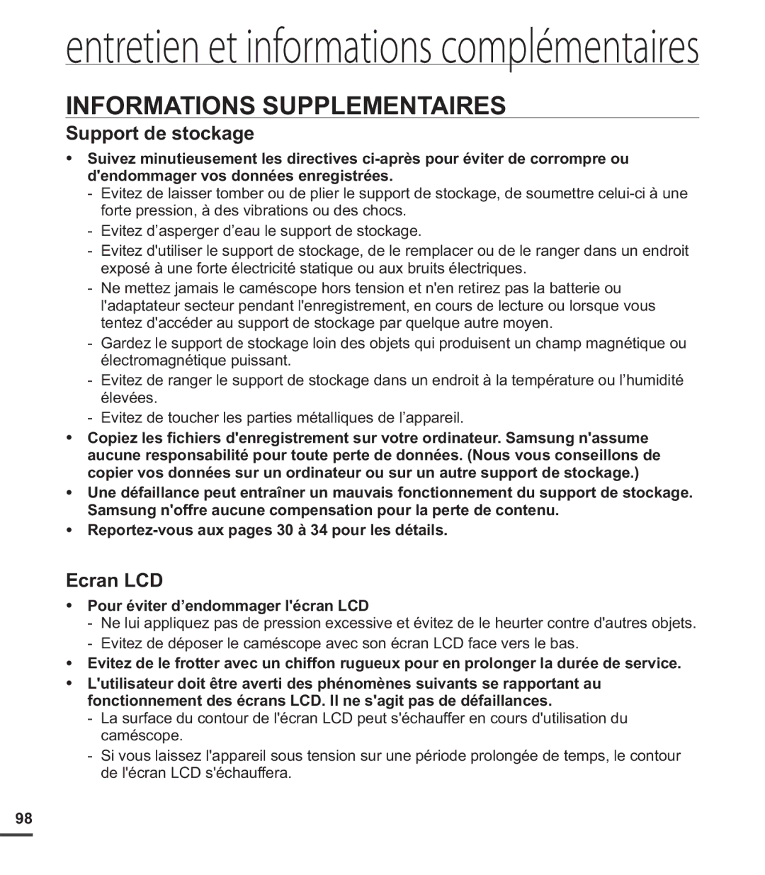 Samsung SMX-C24BP/EDC, SMX-C200LP/EDC, SMX-C20RP/EDC manual Informations Supplementaires, Pour éviter d’endommager lécran LCD 