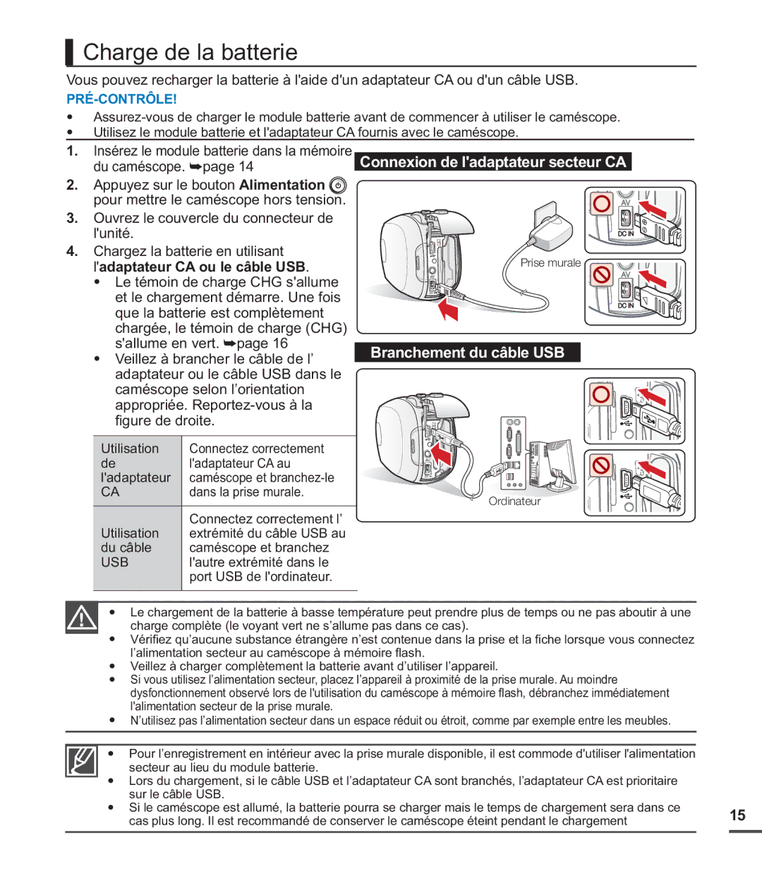 Samsung SMX-C20RP/MEA, SMX-C24BP/EDC manual Charge de la batterie, Du caméscope. ²page, Ladaptateur CA ou le câble USB 