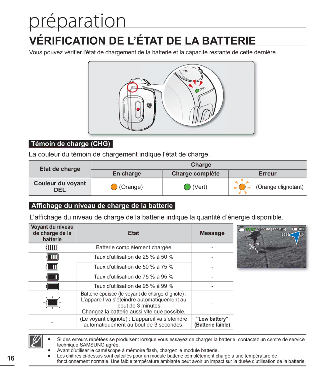 Samsung SMX-C24RP/EDC, SMX-C24BP/EDC, SMX-C200LP/EDC manual Vérification DE L’ÉTAT DE LA Batterie, Témoin de charge CHG 