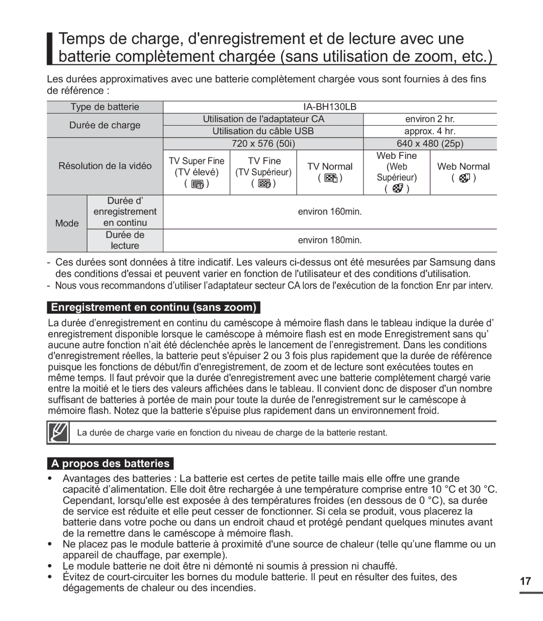 Samsung SMX-C24BP/EDC, SMX-C200LP/EDC, SMX-C20RP/EDC manual Enregistrement en continu sans zoom, Propos des batteries 