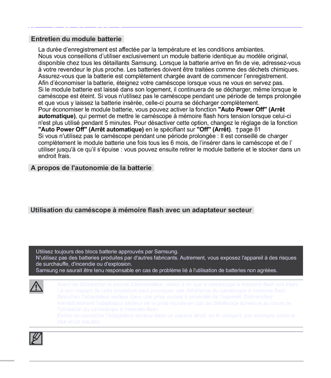 Samsung SMX-C200LP/EDC, SMX-C24BP/EDC, SMX-C20RP/EDC manual Entretien du module batterie, Propos de lautonomie de la batterie 