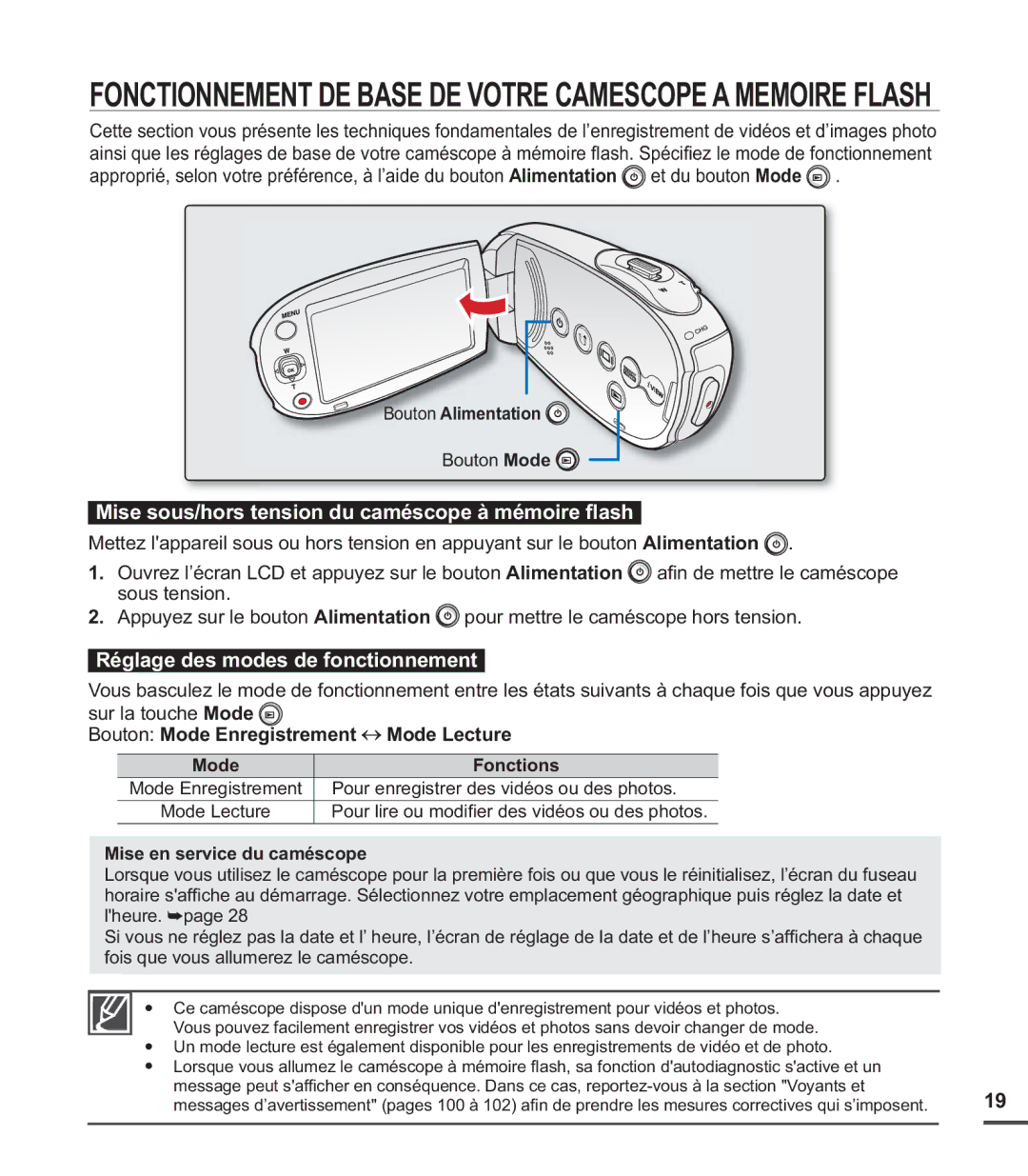 Samsung SMX-C20RP/EDC manual Mise sous/hors tension du caméscope à mémoire ﬂash, Réglage des modes de fonctionnement 