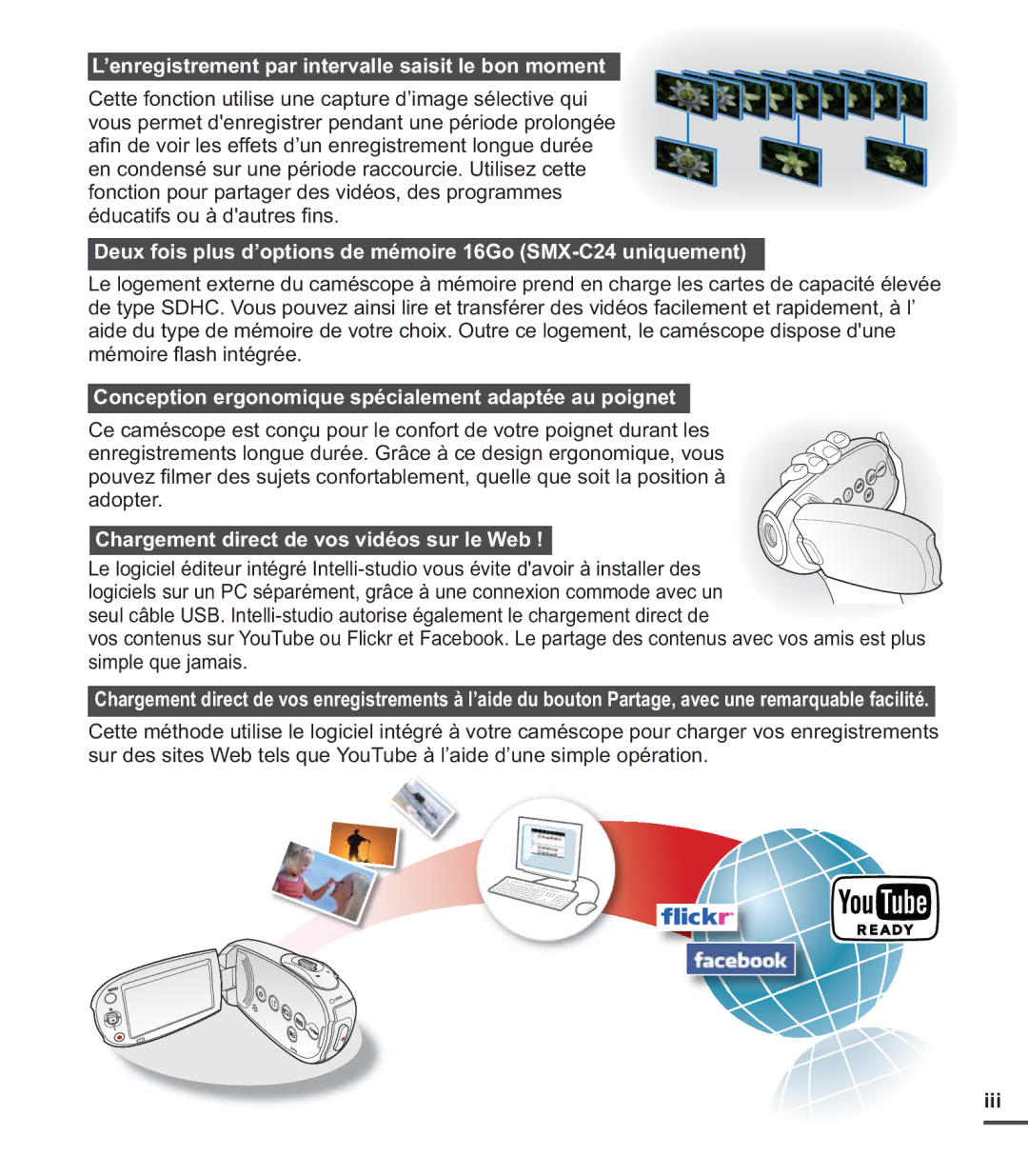 Samsung SMX-C20LP/XEU ’enregistrement par intervalle saisit le bon moment, Chargement direct de vos vidéos sur le Web, Iii 