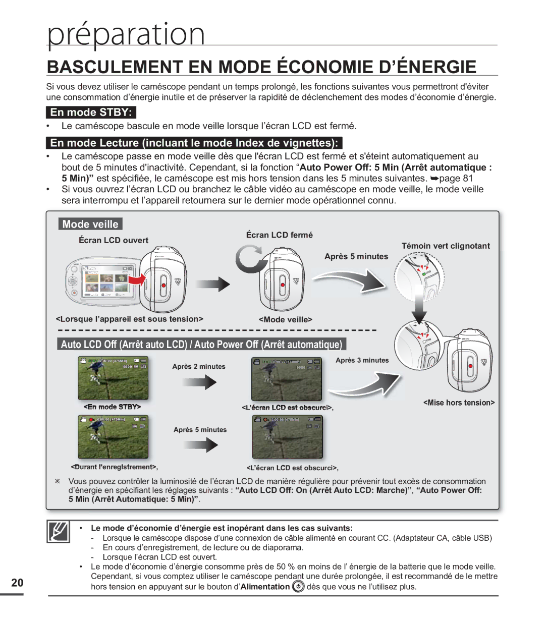 Samsung SMX-C20LP/XEU, SMX-C24BP/EDC, SMX-C200LP/EDC manual Basculement EN Mode Économie D’ÉNERGIE, En mode Stby, Mode veille 