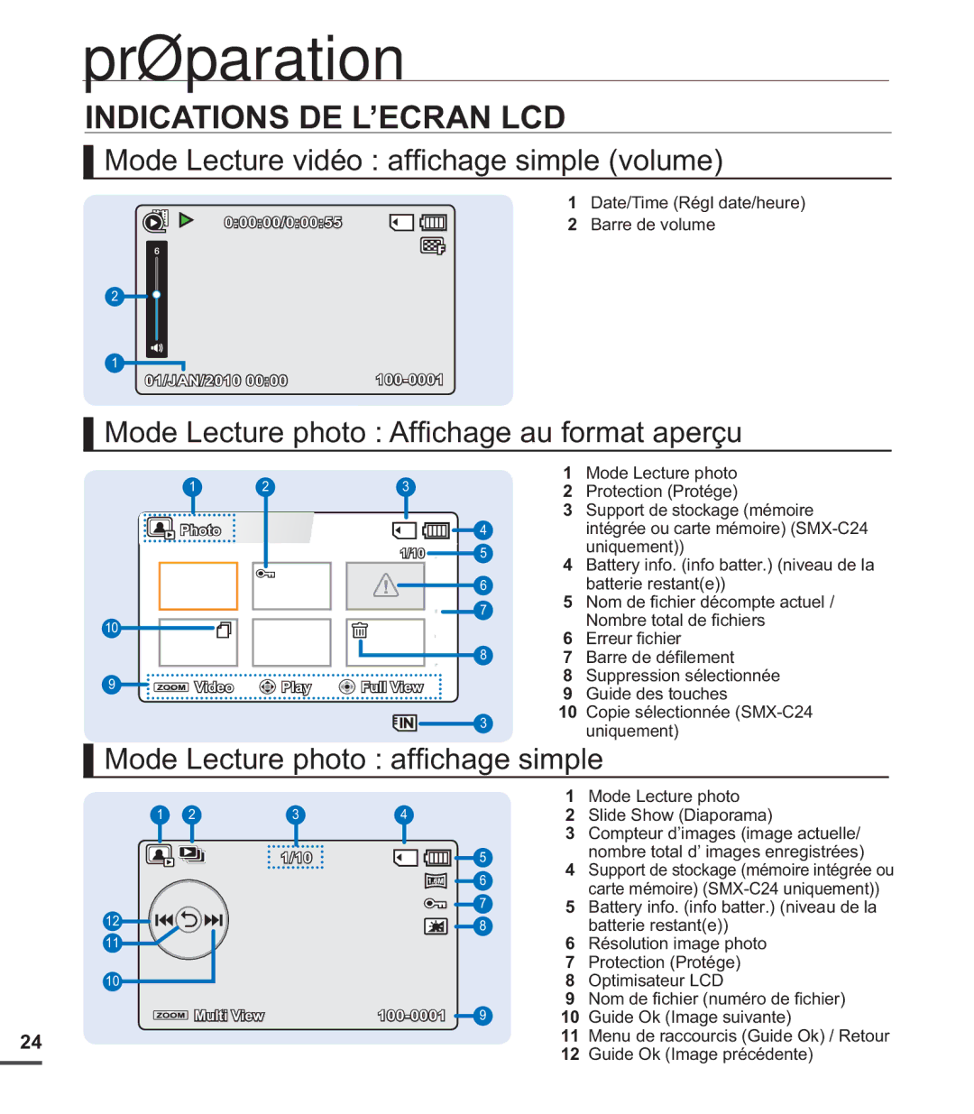 Samsung SMX-C20RP/MEA manual Mode Lecture vidéo afﬁ chage simple volume, Mode Lecture photo Afﬁ chage au format aperçu 