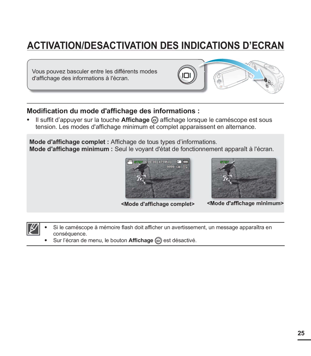 Samsung SMX-C24RP/EDC ACTIVATION/DESACTIVATION DES Indications D’ECRAN, Modiﬁ cation du mode dafﬁ chage des informations 