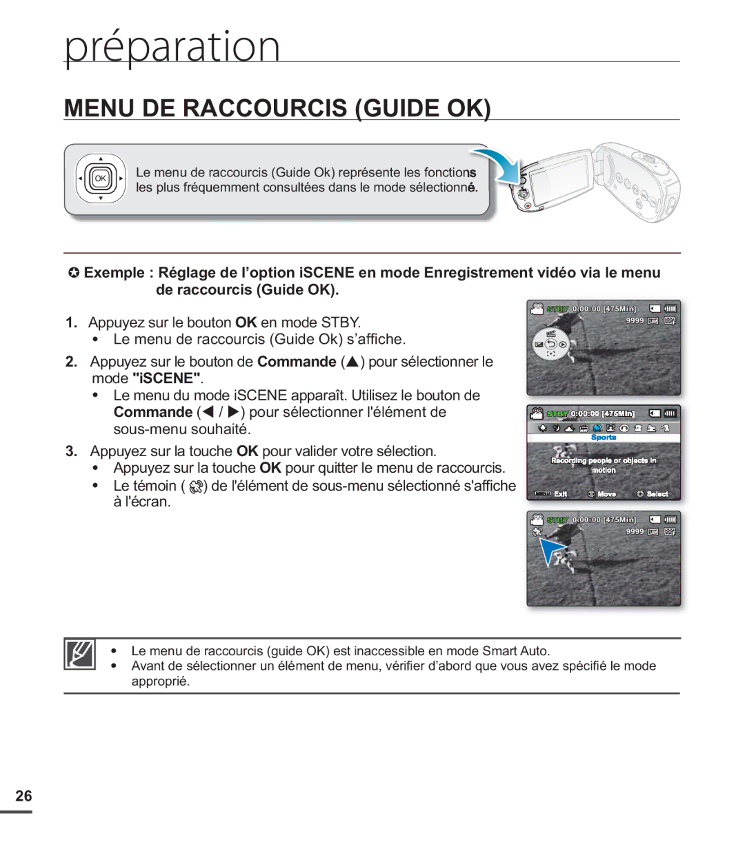 Samsung SMX-C24BP/EDC, SMX-C200LP/EDC, SMX-C20RP/EDC, SMX-C20LP/XEU, SMX-C20LN/XAA, SMX-C200RP/EDC Menu DE Raccourcis Guide OK 